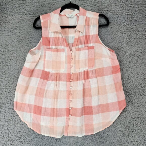 Cafe Marrakesh Top Womens Medium Pink Plaid Sleeveless Button Up Tank - Picture 1 of 8